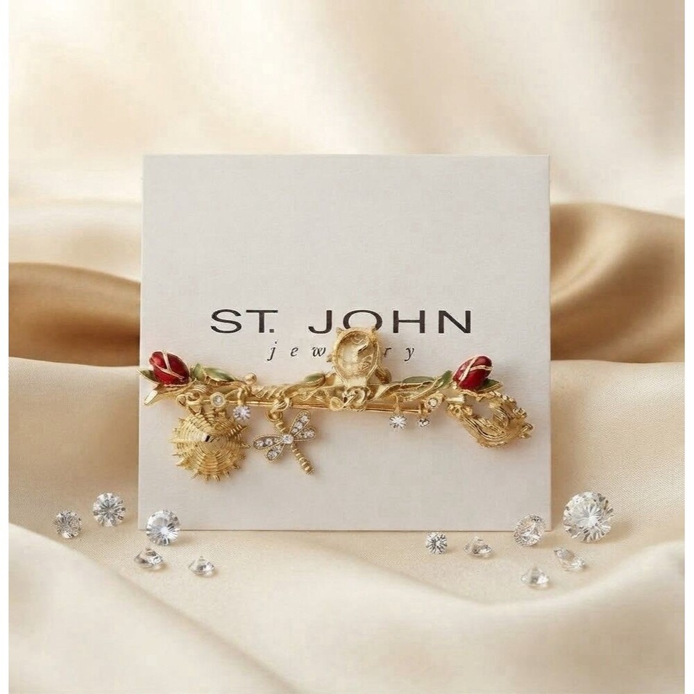 Vintage St. John Multi Color Enamel Nature Brooch Flowers Bugs NEW